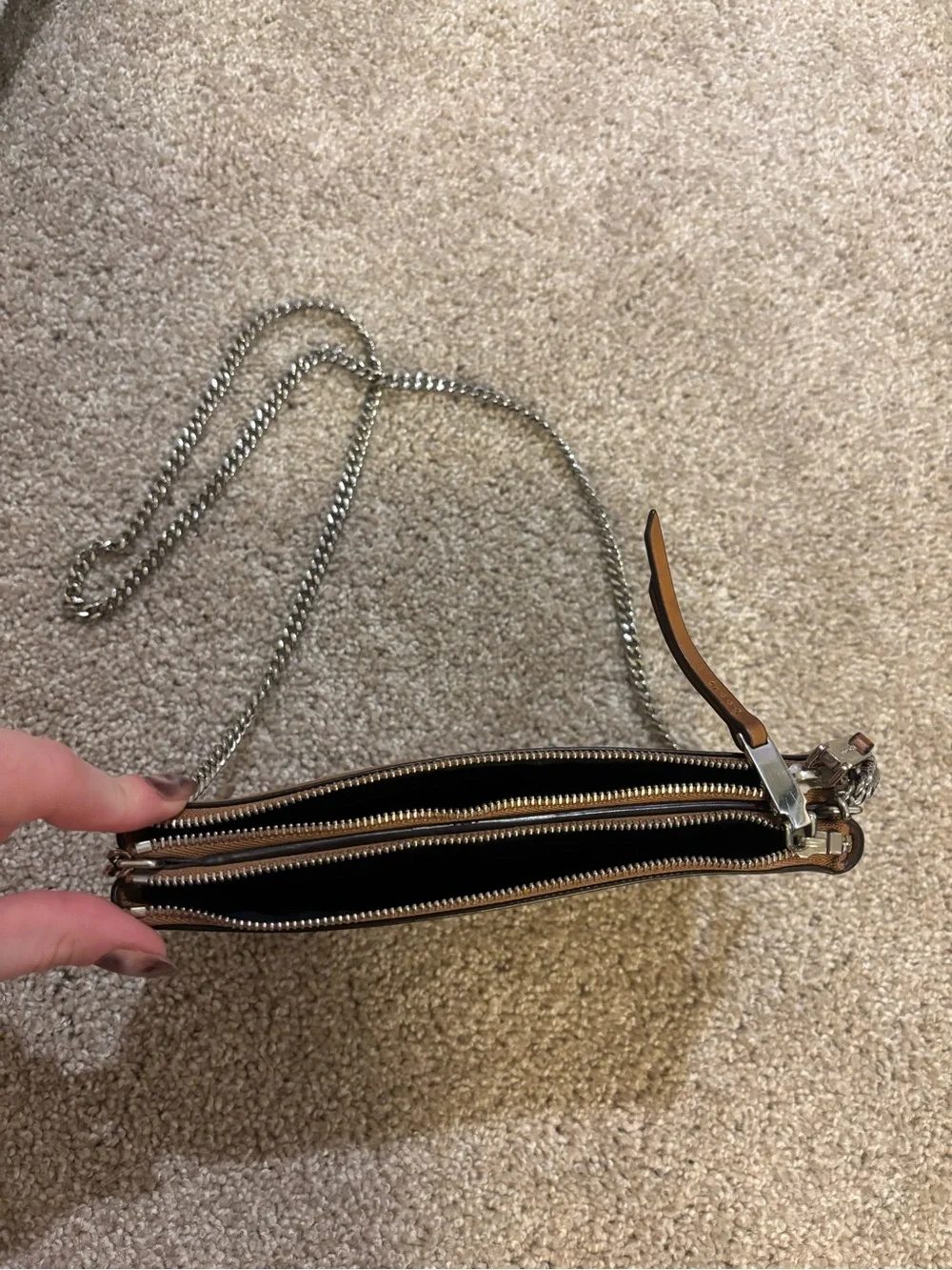 Coach Brown Leather Crossbody with Silver Chain Strap